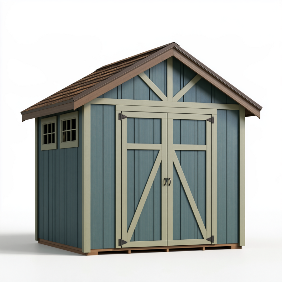 Abri de jardin 244 x 183 x 218 cm en bois bleu et beige à double porte style chalet