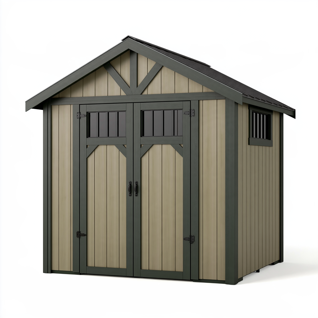 Abri de jardin 180 x 120 x 190 cm en résine beige anthracite à double porte style chalet