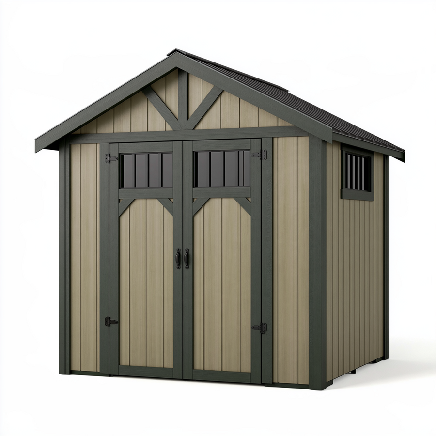 Abri de jardin 180 x 120 x 190 cm en résine beige anthracite à double porte style chalet