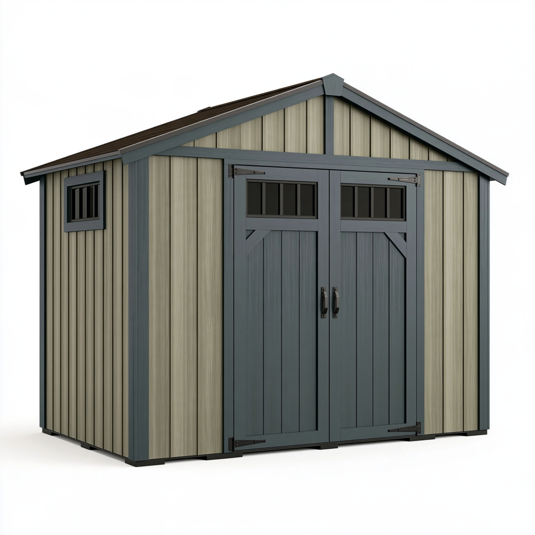 Abri de jardin 191 x 111 x 195 cm en résine gris anthracite et beige à double porte avec fenêtres