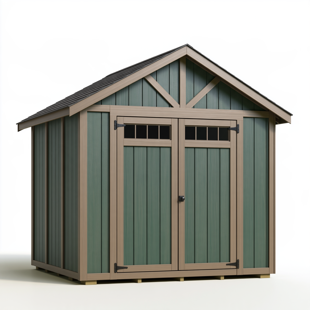 Abri de jardin 240 x 180 x 220 cm en bois vert et beige avec double porte et toit incliné