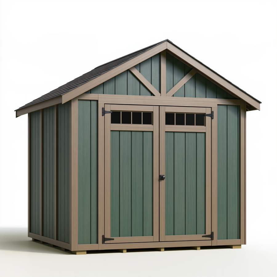 Abri de jardin 240 x 180 x 220 cm en bois vert et beige avec double porte et toit incliné