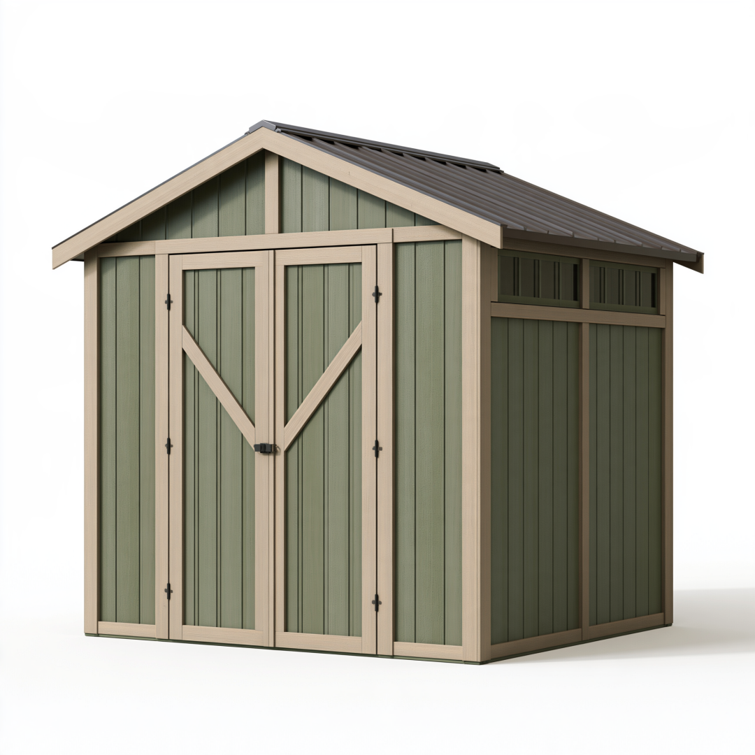 Abri de jardin 180 x 120 x 190 cm en résine vert sauge pour rangement extérieur à double porte