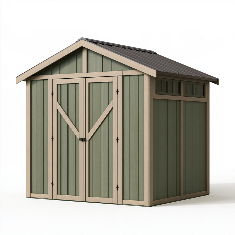 Abri de jardin 180 x 120 x 190 cm en résine vert sauge pour rangement extérieur à double porte