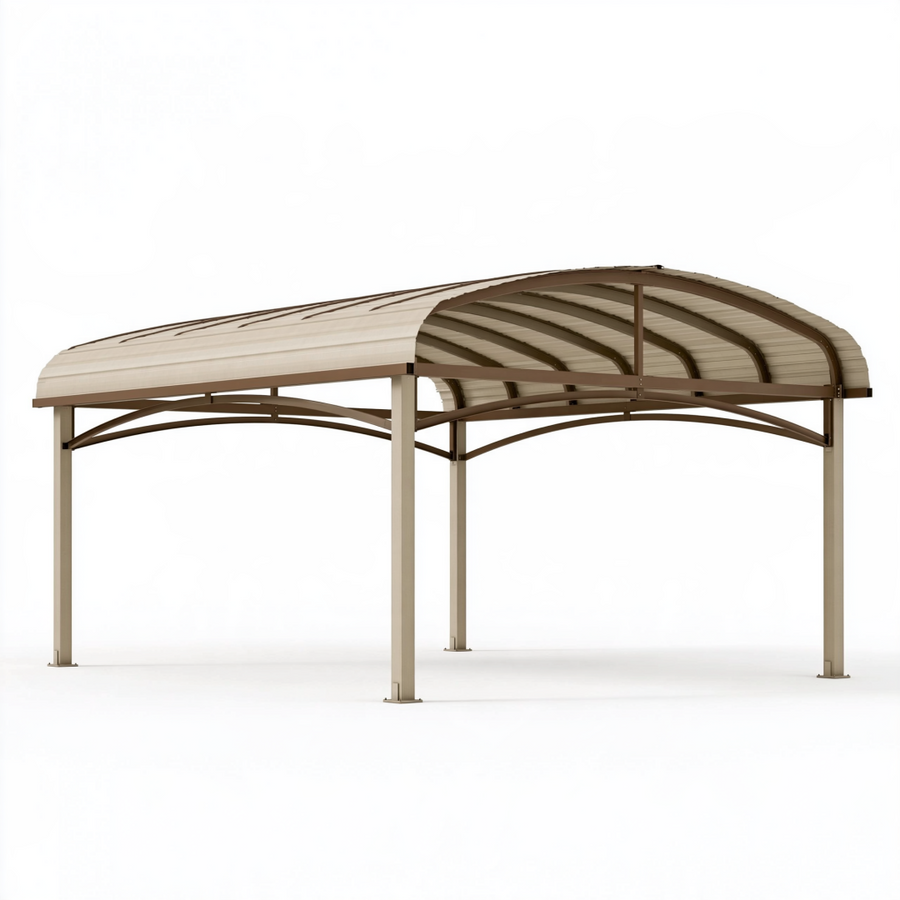 Abri voiture 500 x 300 x 220 cm en acier beige et marron à toit arqué extérieur