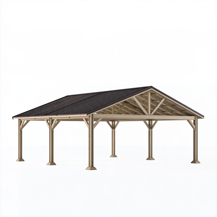 Abri voiture 600 x 500 x 300 cm en bois naturel avec toiture en acier anthracite - structure extérieure à toit à deux pentes
