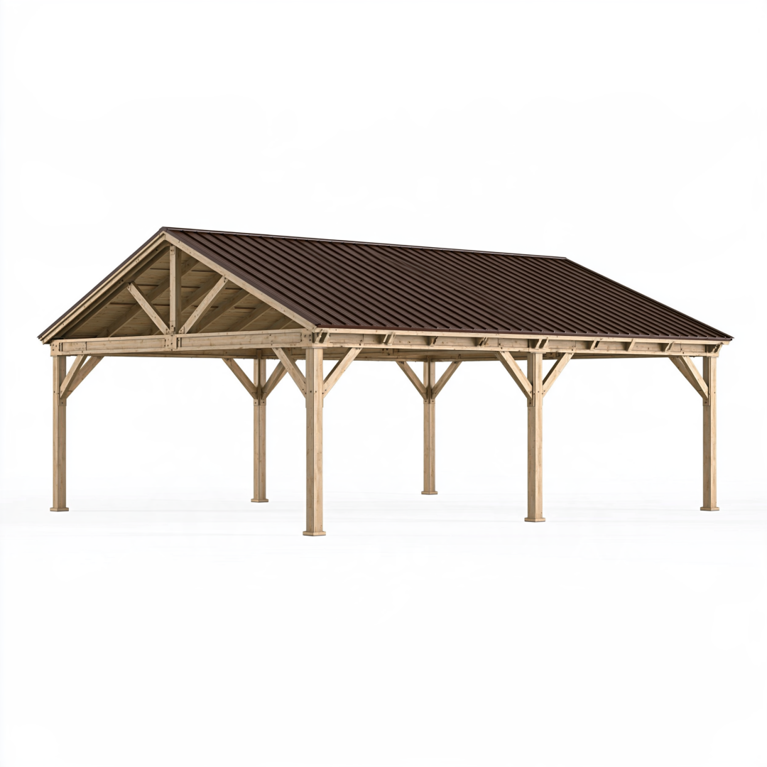 Abri voiture 600 x 500 cm en bois naturel avec toit en acier brun
