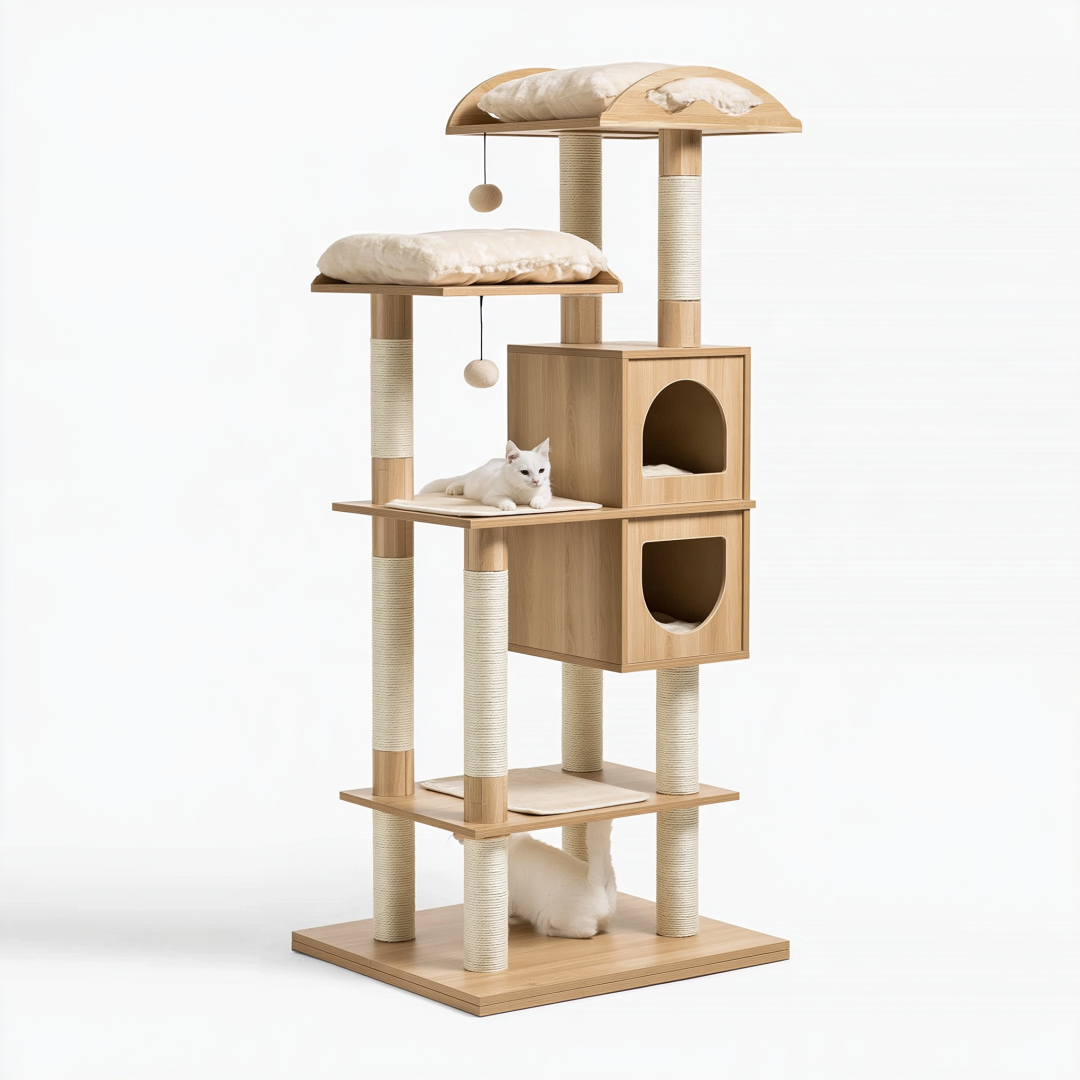 Arbre à chat 60 x 50 x 180 cm en bois beige avec griffoirs et niches