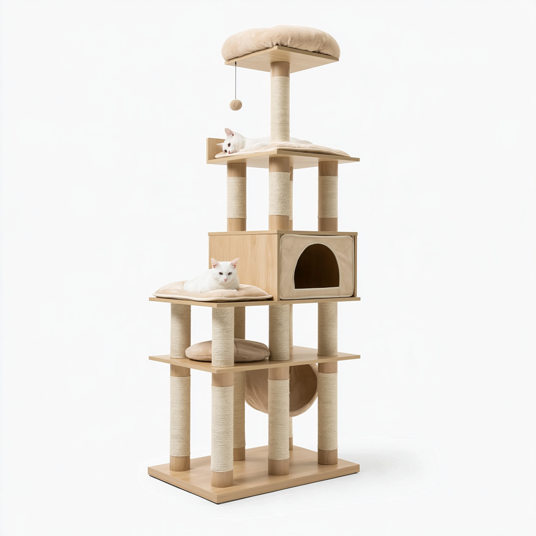 Arbre à chat 60 x 60 x 180 cm en bois beige avec poteaux en sisal et niches