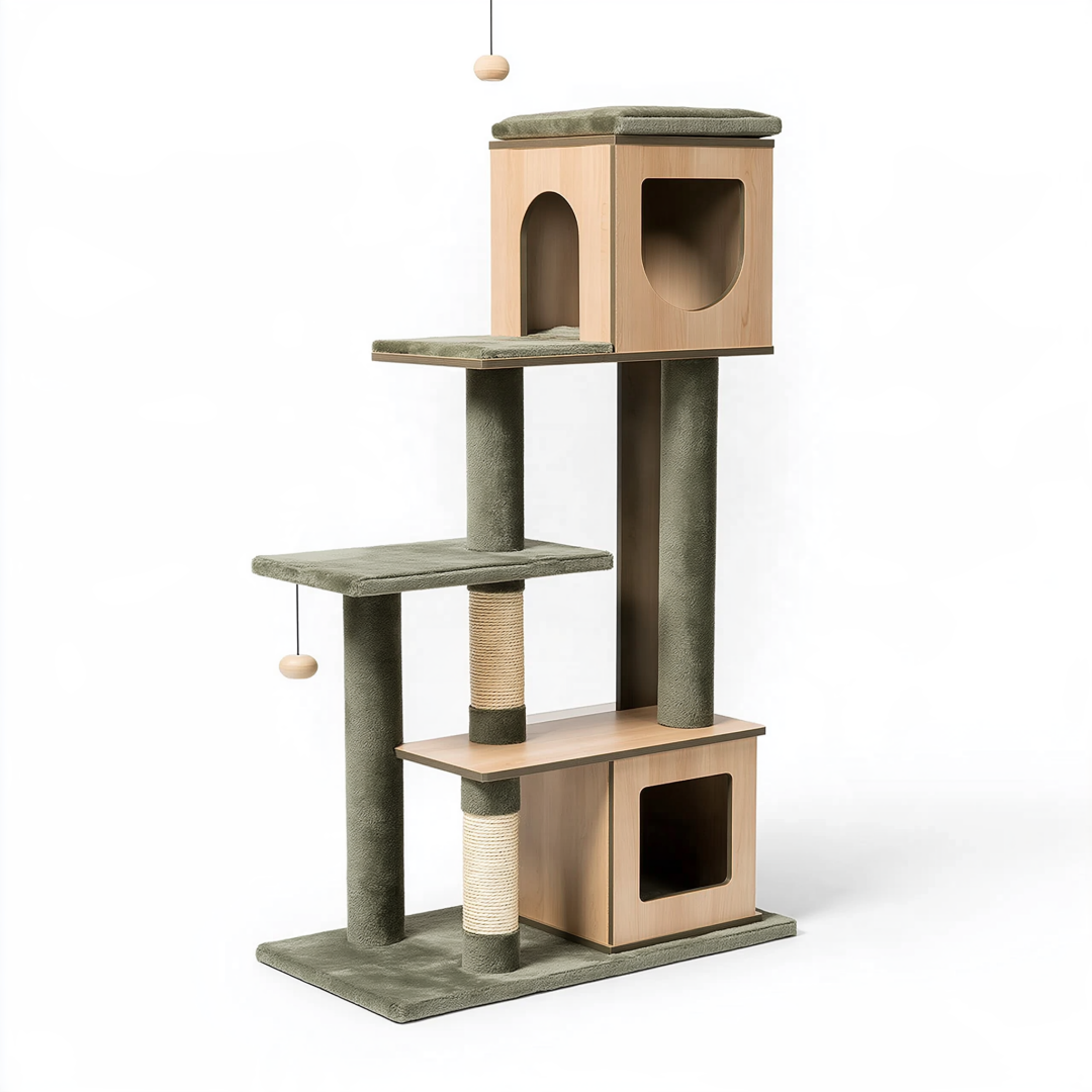 Arbre à chat 60 x 45 x 140 cm en bois beige et vert olive avec griffoirs et niches