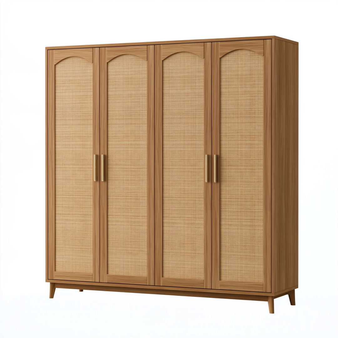 Armoire 180 x 60 x 200 cm en bois marron avec 4 portes en cannage style rétro