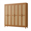 Armoire de rangement 180 x 60 x 200 cm en panneaux aspect bois naturel et cannage - style vintage à 6 portes