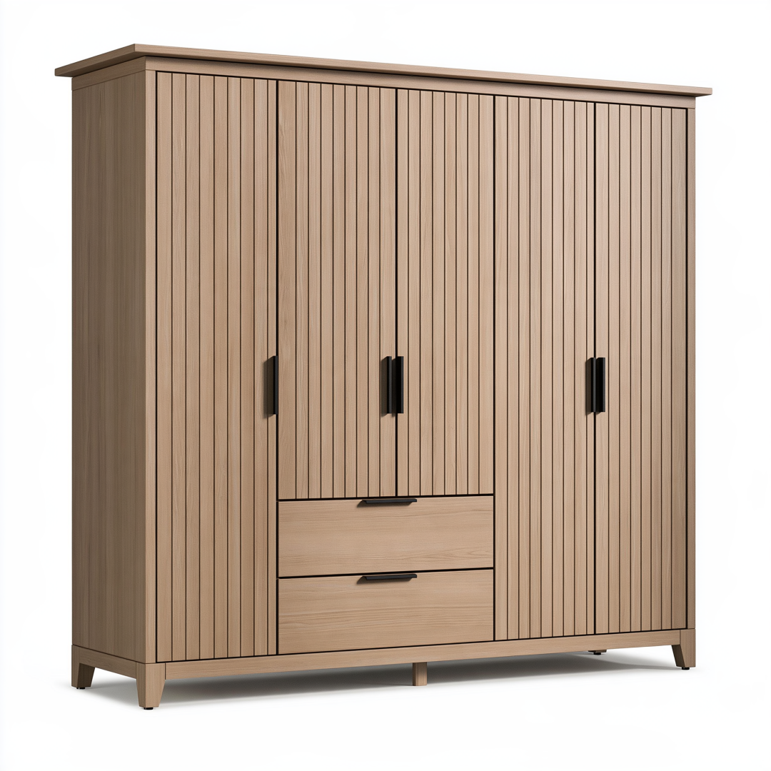Armoire 160 x 55 x 200 cm en bois brun avec 3 portes et 2 tiroirs style contemporain
