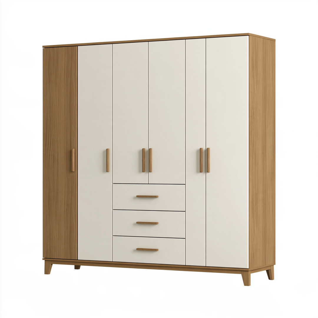 Armoire 200 x 60 x 210 cm en panneaux de bois blanc/chêne à 5 portes et 3 tiroirs style contemporain