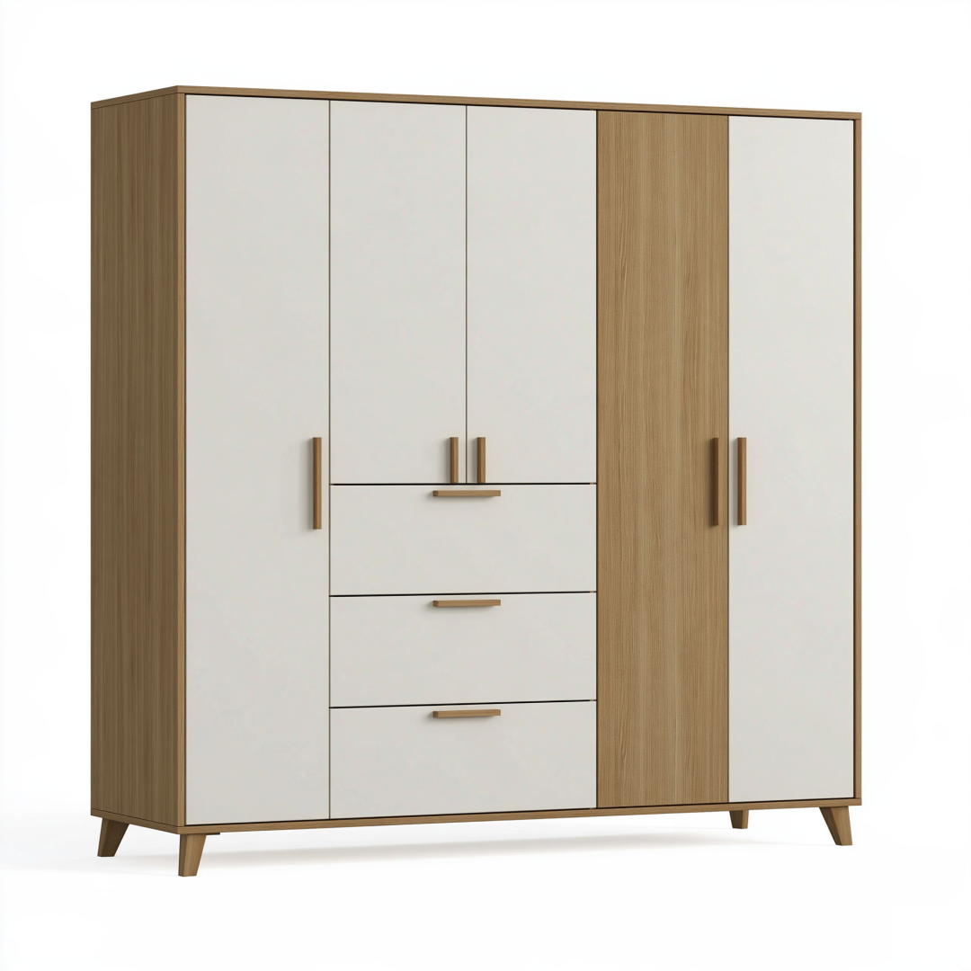 Armoire 180 x 52 x 200 cm en panneaux de bois blanc et chêne 5 portes 3 tiroirs style contemporain