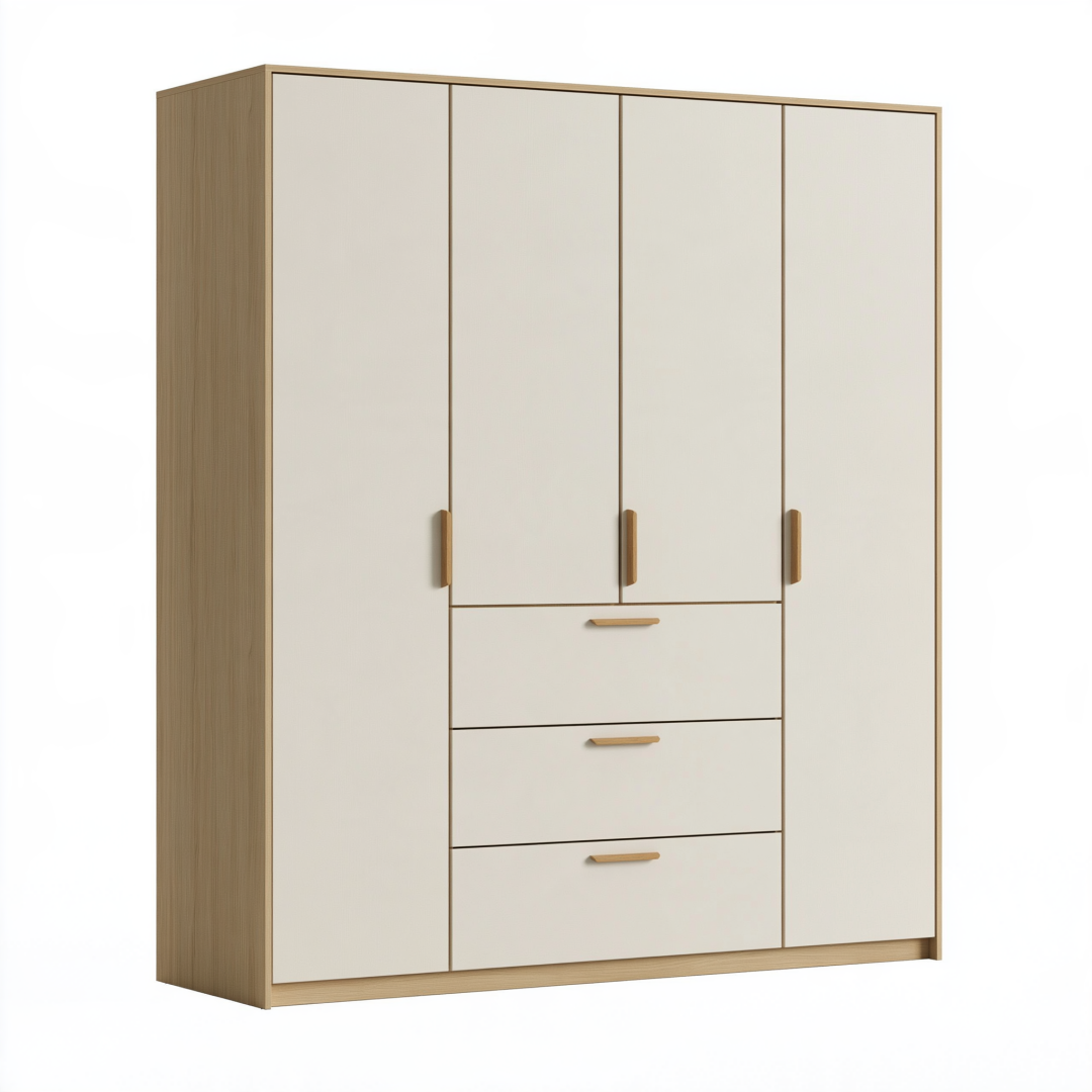 Armoire 180 x 60 x 200 cm en panneaux de bois beige et chêne avec 4 portes et 3 tiroirs style contemporain