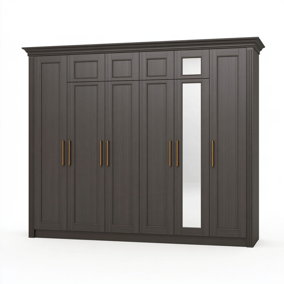 Armoire 300 x 60 x 240 cm en panneaux de bois gris anthracite avec miroir style classique 6 portes