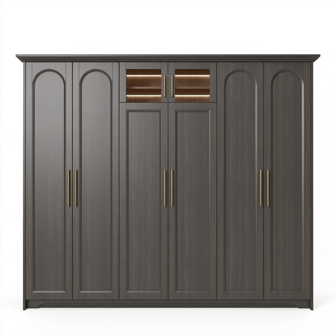 Armoire penderie 300 x 60 x 220 cm en panneaux de bois gris anthracite à 8 portes style classique