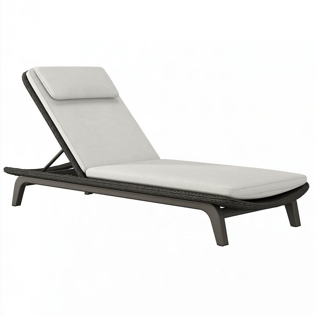 Bain de soleil 200 x 70 cm en résine tressée gris foncé avec coussins inclinable pour extérieur