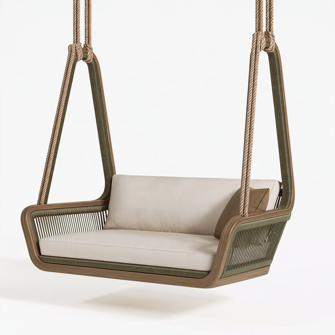 Balancelle suspendue 2 places 160 x 75 x 120 cm en bois et corde beige vert olive style contemporain