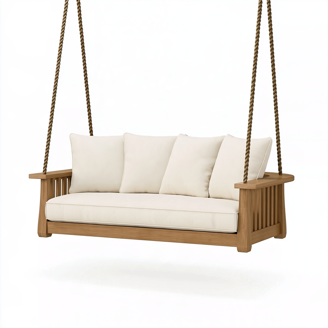 Balancelle de jardin 140 x 70 x 65 cm en bois beige avec suspension en corde style naturel