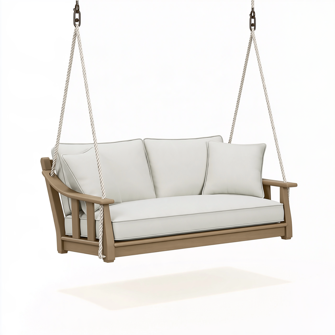 Balancelle de jardin 150 x 70 x 65 cm en bois beige et blanc - 2 places suspendue à cordes