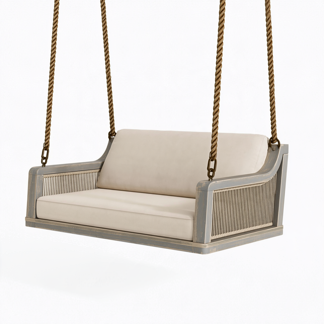 Balancelle suspendue 150 x 70 x 65 cm en bois et corde beige gris style rustique pour terrasse