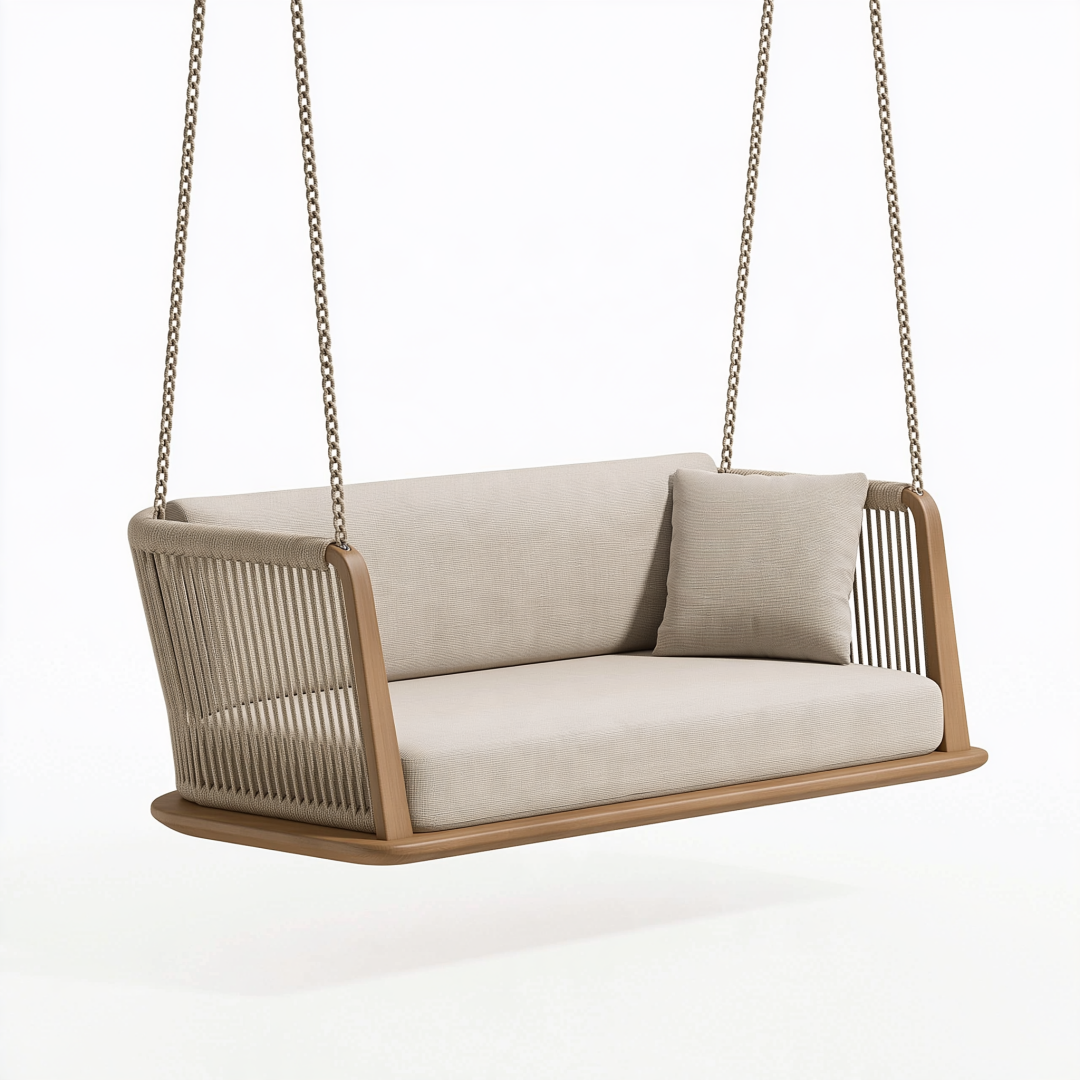 Balancelle de jardin 180 x 75 x 160 cm en bois beige avec suspension à chaînes