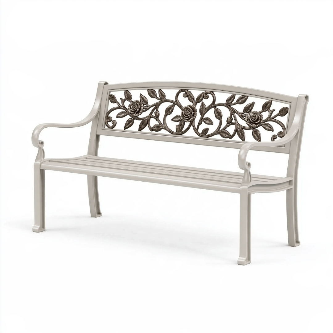 Banc de jardin 125 cm en métal blanc et bronze à dossier floral classique