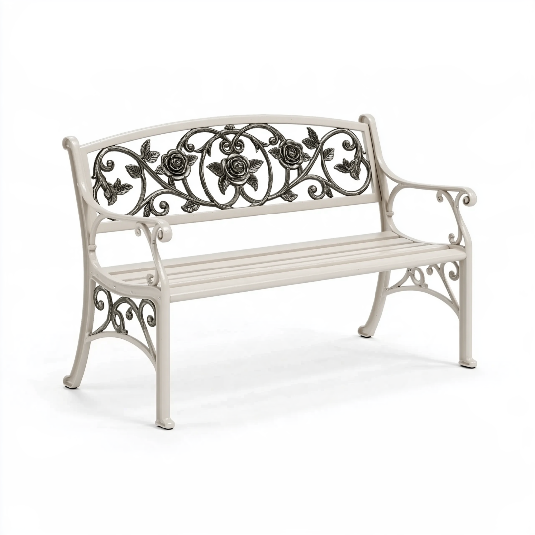 Banc de jardin 120 cm en métal blanc et gris style romantique 2 places