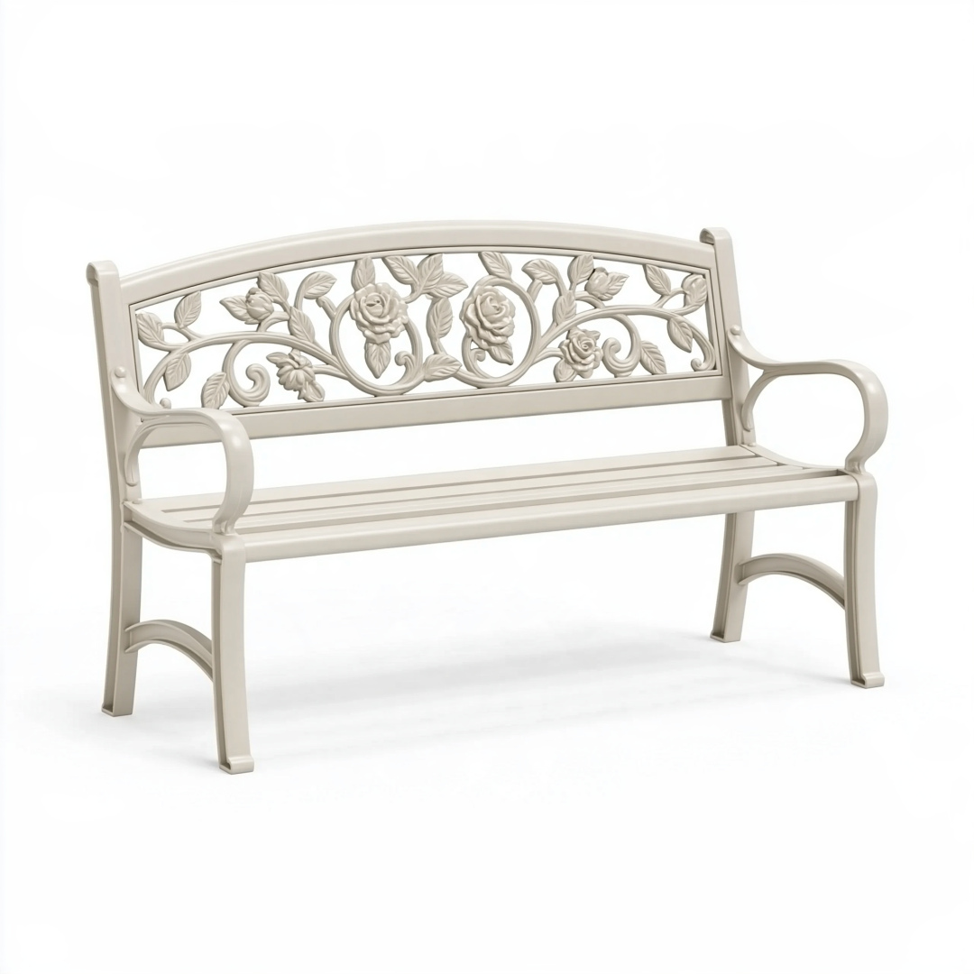 Banc de jardin 120 x 60 x 90 cm en métal blanc à motif floral style romantique