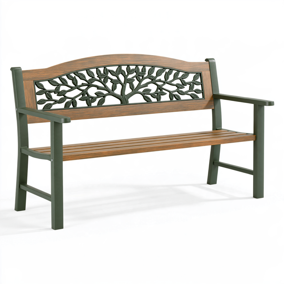 Banc de jardin 122 cm en acier vert finition bois avec dossier arbre