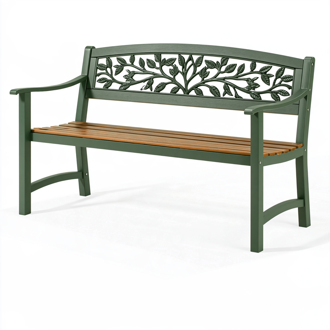 Banc de jardin 122 cm en métal vert et lattes effet bois style végétal