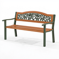 Banc de jardin 122 cm en bois et métal marron vert avec accoudoirs motif feuillage