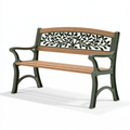 Banc de jardin 122 cm en métal et bois vert marron avec dossier décoratif