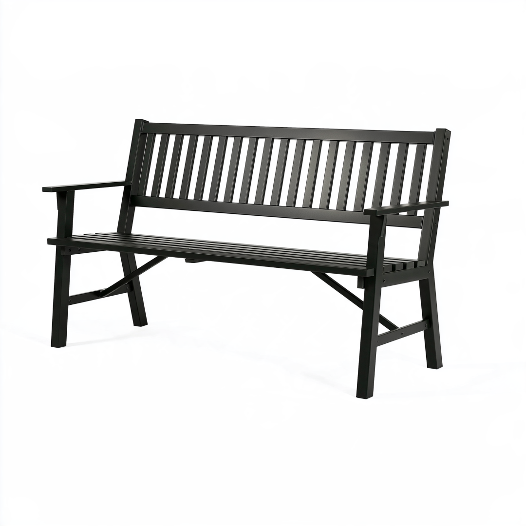 Banc de jardin 150 cm en acier noir 3 places à lattes avec accoudoirs
