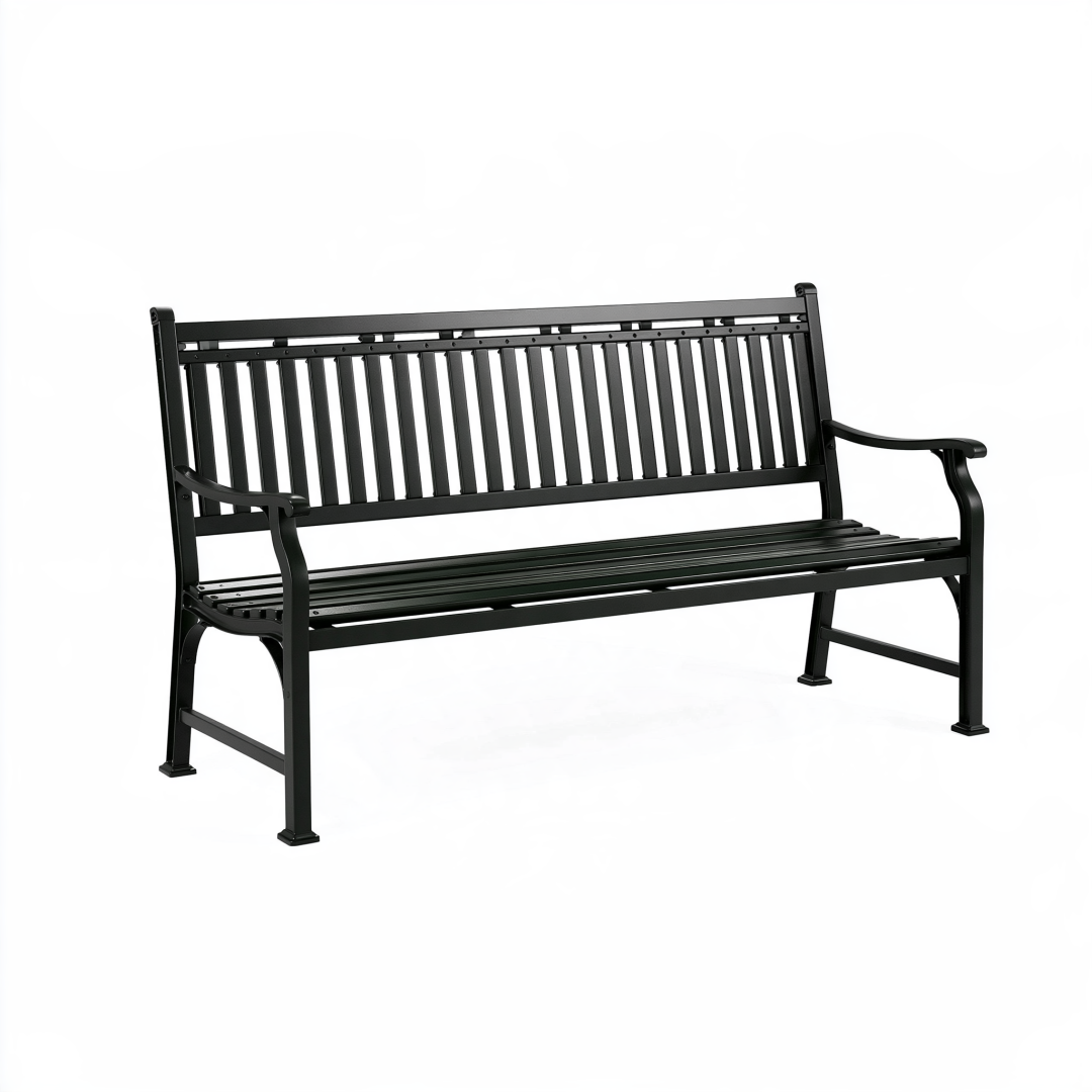 Banc de jardin 150 cm en métal noir à lattes avec accoudoirs
