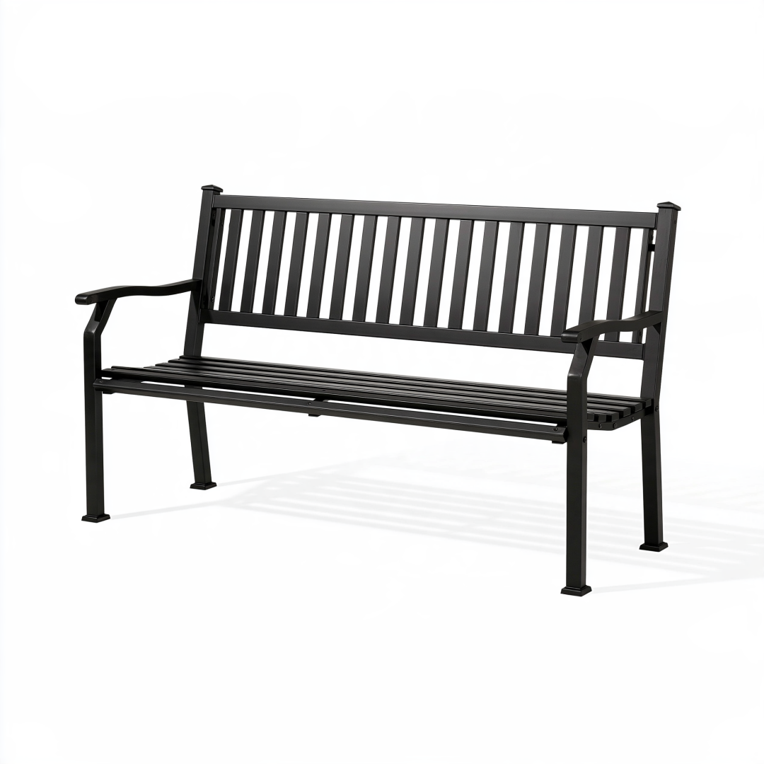 Banc de jardin 127 cm en acier noir à lattes avec accoudoirs